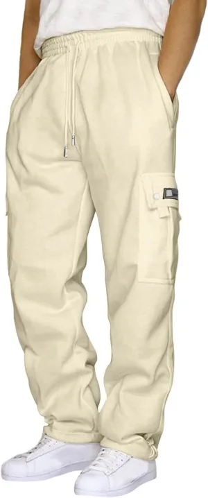 Men's Cargo Sweatpants Wide Leg Joggers Pants, All Matching Fitness Casual Solid Color Drawstring Loose Pants