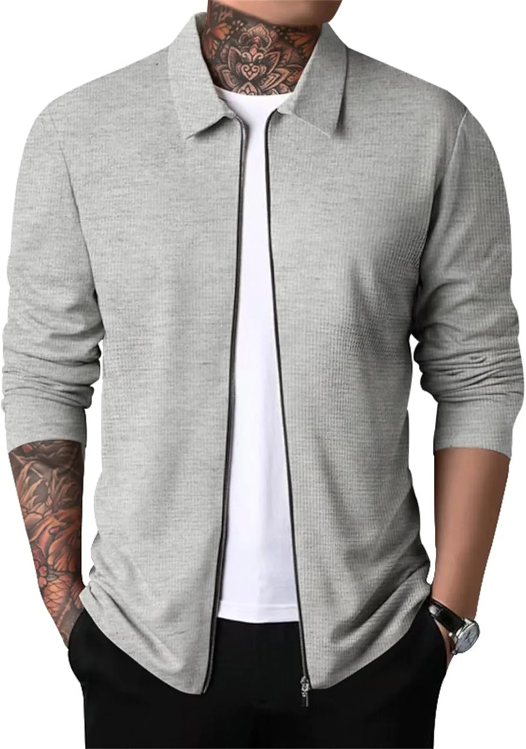 Mens Casual Cardigan Sweaters Lapel Collar Solid Color Long Sleeve Jackets Full Zipper Closure Button Up Pullover Top Shirts