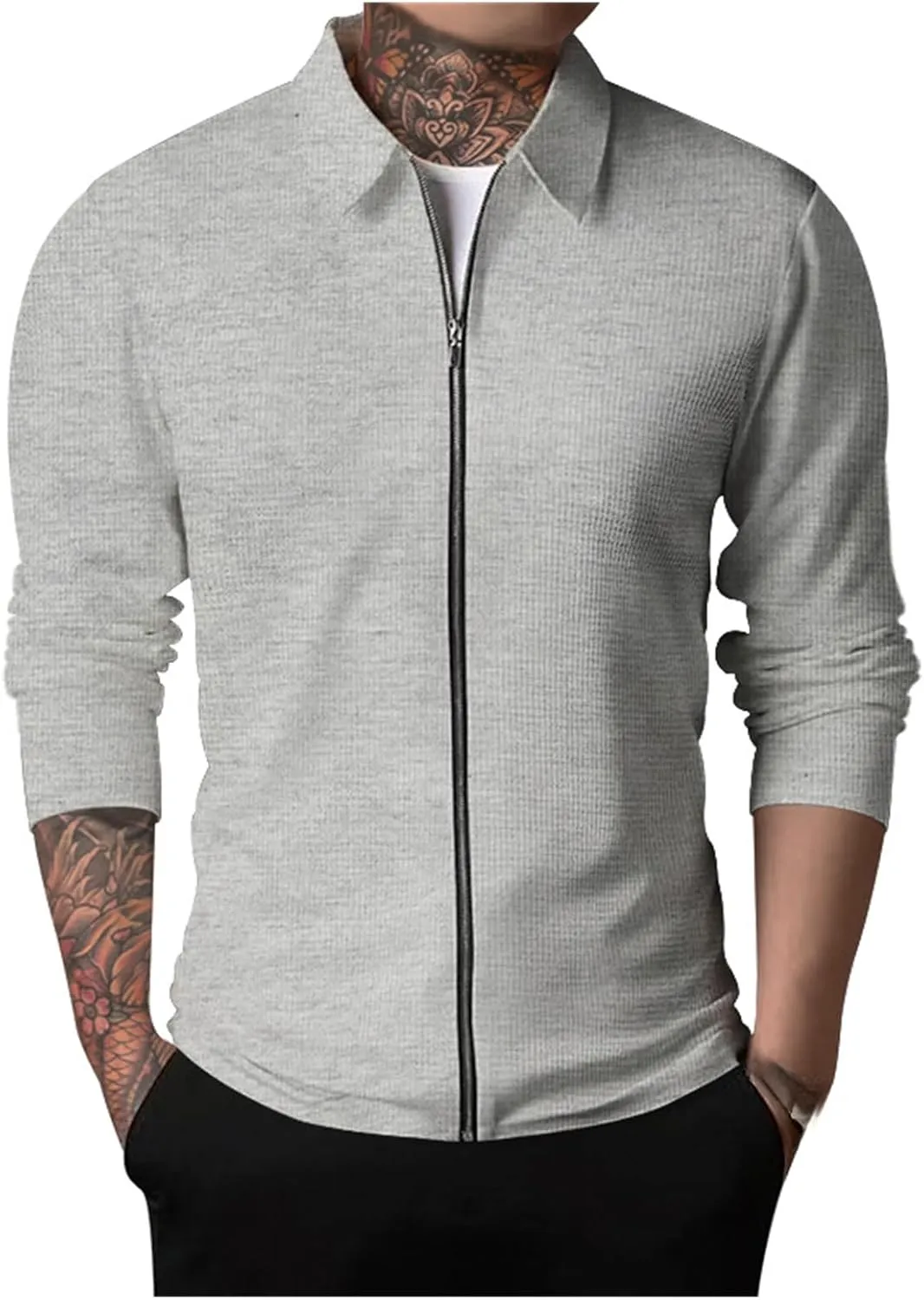 Mens Casual Cardigan Sweaters Lapel Collar Solid Color Long Sleeve Jackets Full Zipper Closure Button Up Pullover Top Shirts