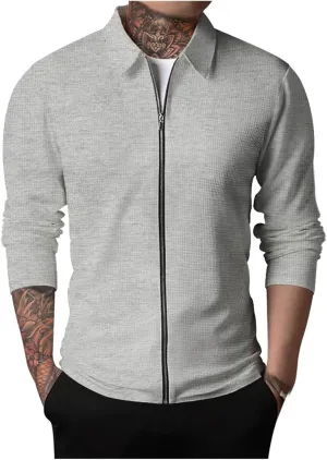 Mens Casual Cardigan Sweaters Lapel Collar Solid Color Long Sleeve Jackets Full Zipper Closure Button Up Pullover Top Shirts