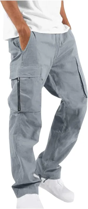 Men's Casual Cargo Pants Fashion Zipper Multi-Pockets Joggers Athletic Pants Straight Leg Sweatpants Hiking Trousers