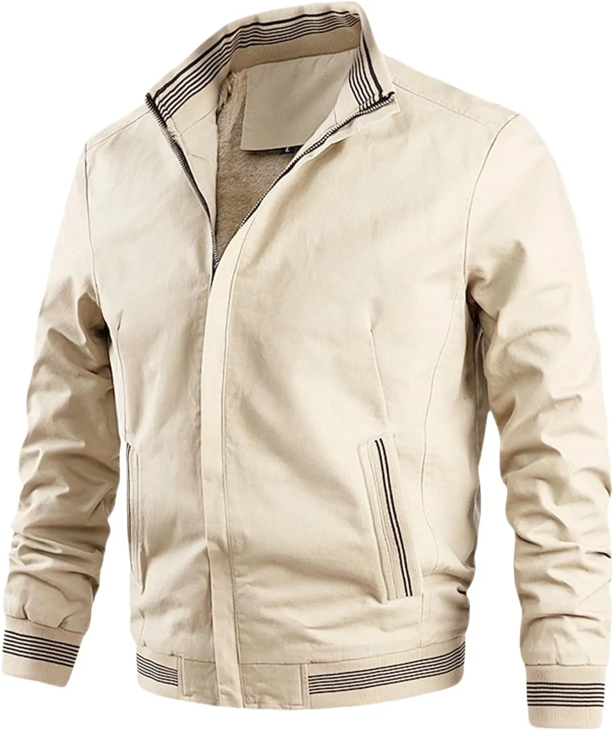 Men's Casual Thin Bomber Jackets Thick Fleece Lined Military Jackets Stand Collars Windbreaker Coats with Zip Pockets