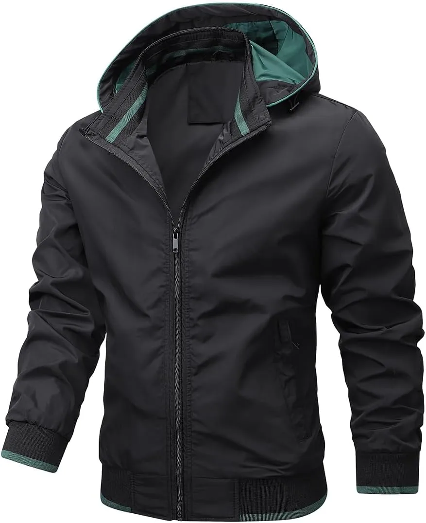 Mens Casual Waterproof Jacket Removable Hooded Long Sleeve Outerwear Windproof Full Zip Up with Zipper Pockets
