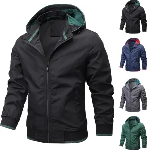 Mens Casual Waterproof Jacket Removable Hooded Long Sleeve Outerwear Windproof Full Zip Up with Zipper Pockets