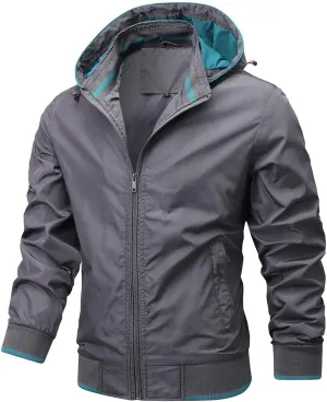 Mens Casual Waterproof Jacket Removable Hooded Long Sleeve Outerwear Windproof Full Zip Up with Zipper Pockets
