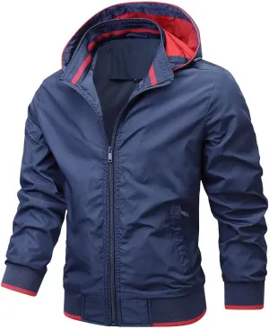 Mens Casual Waterproof Jacket Removable Hooded Long Sleeve Outerwear Windproof Full Zip Up with Zipper Pockets