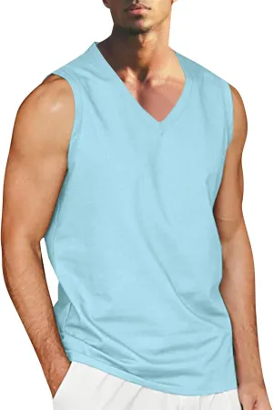 Men's Casual Workout Tank Top Crew Neck Sleeveless Shirts Summer Gym Muscle Fitness Vest Cotton Linen Cut Off Shirt