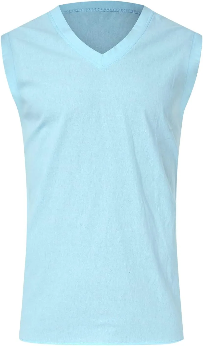 Men's Casual Workout Tank Top Crew Neck Sleeveless Shirts Summer Gym Muscle Fitness Vest Cotton Linen Cut Off Shirt