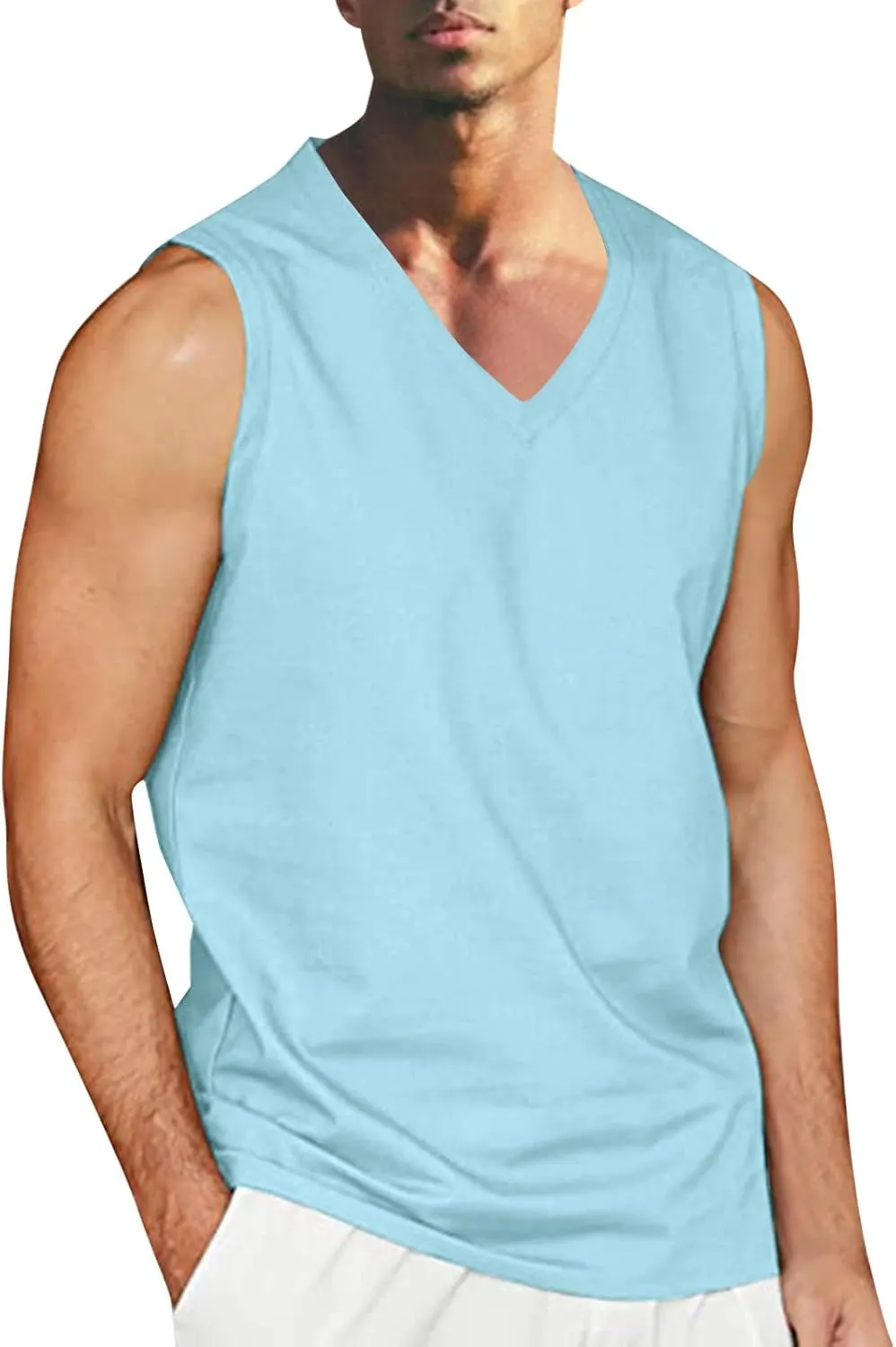 Men's Casual Workout Tank Top Crew Neck Sleeveless Shirts Summer Gym Muscle Fitness Vest Cotton Linen Cut Off Shirt