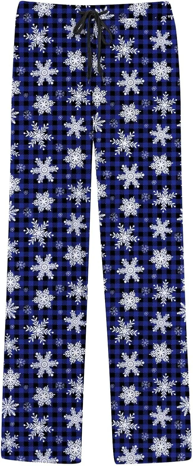 Mens Christmas Plaid Pants Plus Size Drawstring Waist Holiday Pajama Pants Snowflake Print PJ Bottoms Trousers Xmas