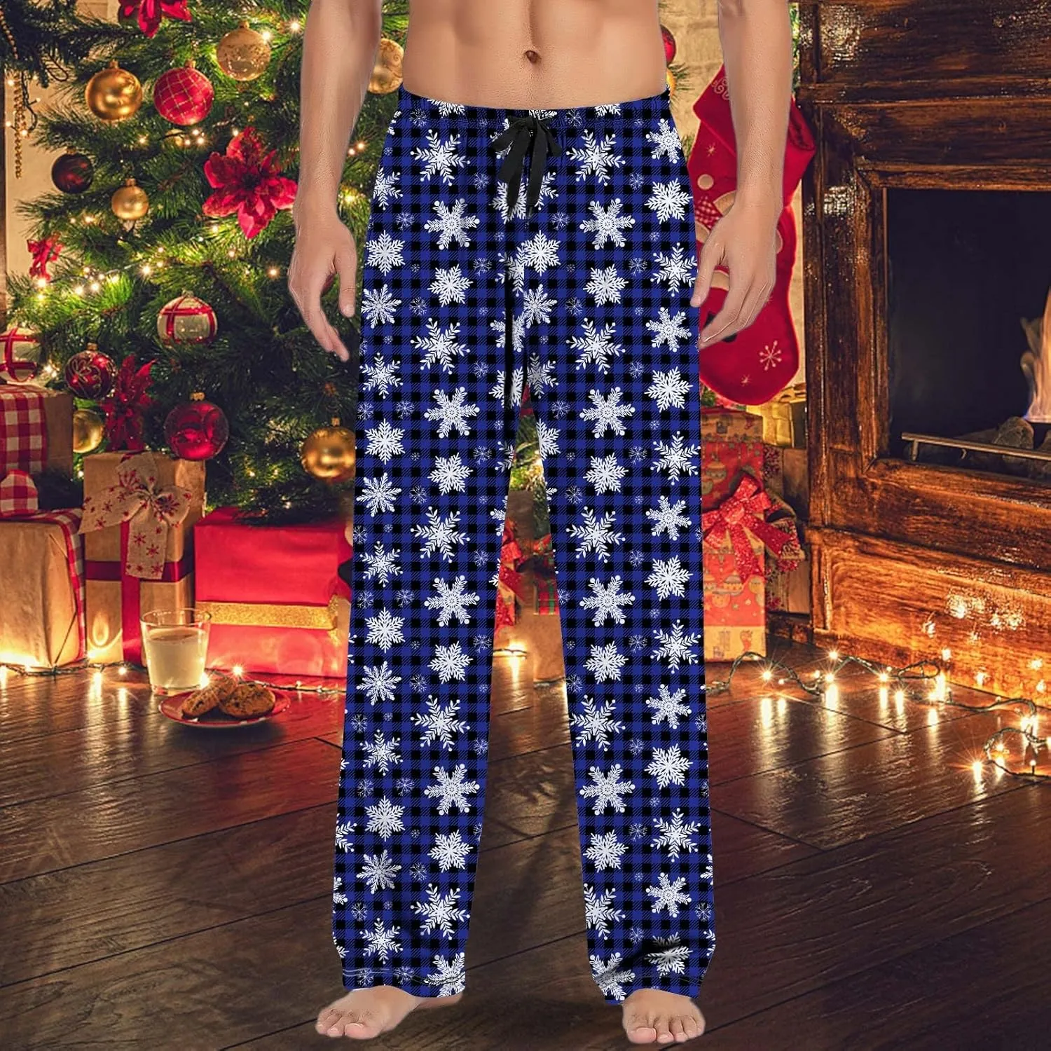 Mens Christmas Plaid Pants Plus Size Drawstring Waist Holiday Pajama Pants Snowflake Print PJ Bottoms Trousers Xmas