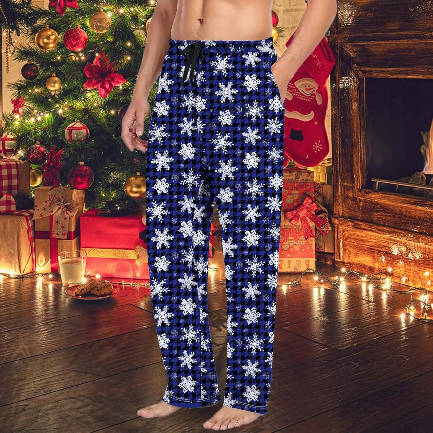 Mens Christmas Plaid Pants Plus Size Drawstring Waist Holiday Pajama Pants Snowflake Print PJ Bottoms Trousers Xmas