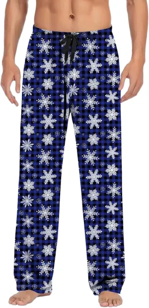 Mens Christmas Plaid Pants Plus Size Drawstring Waist Holiday Pajama Pants Snowflake Print PJ Bottoms Trousers Xmas