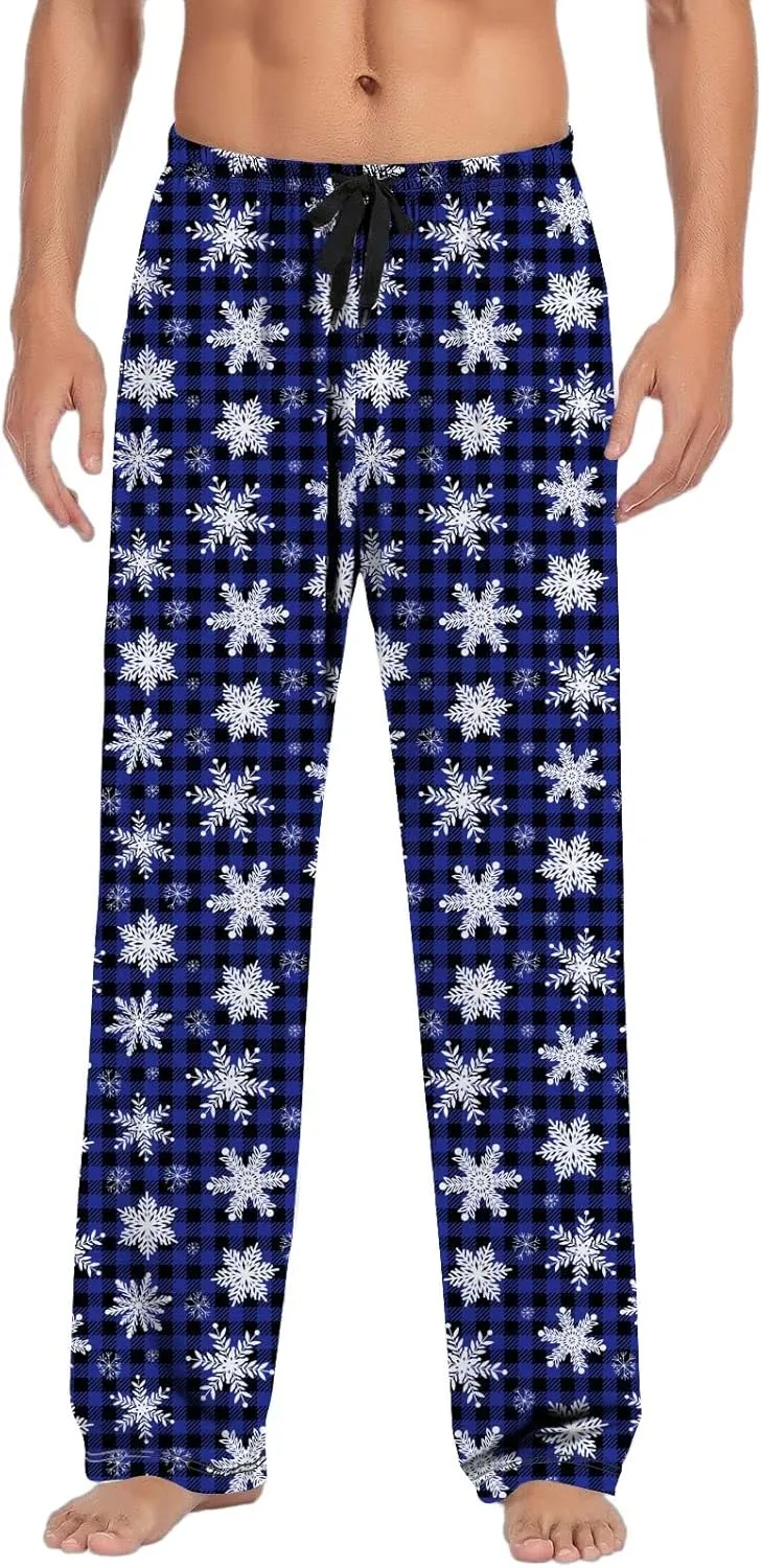 Mens Christmas Plaid Pants Plus Size Drawstring Waist Holiday Pajama Pants Snowflake Print PJ Bottoms Trousers Xmas