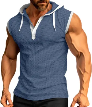 Men's Compression Shirts Trendy V Neck Hooded Pullover Tops Sleeveless Slim Fit Sweatshirt Bodybuilding Gym Tee Solid