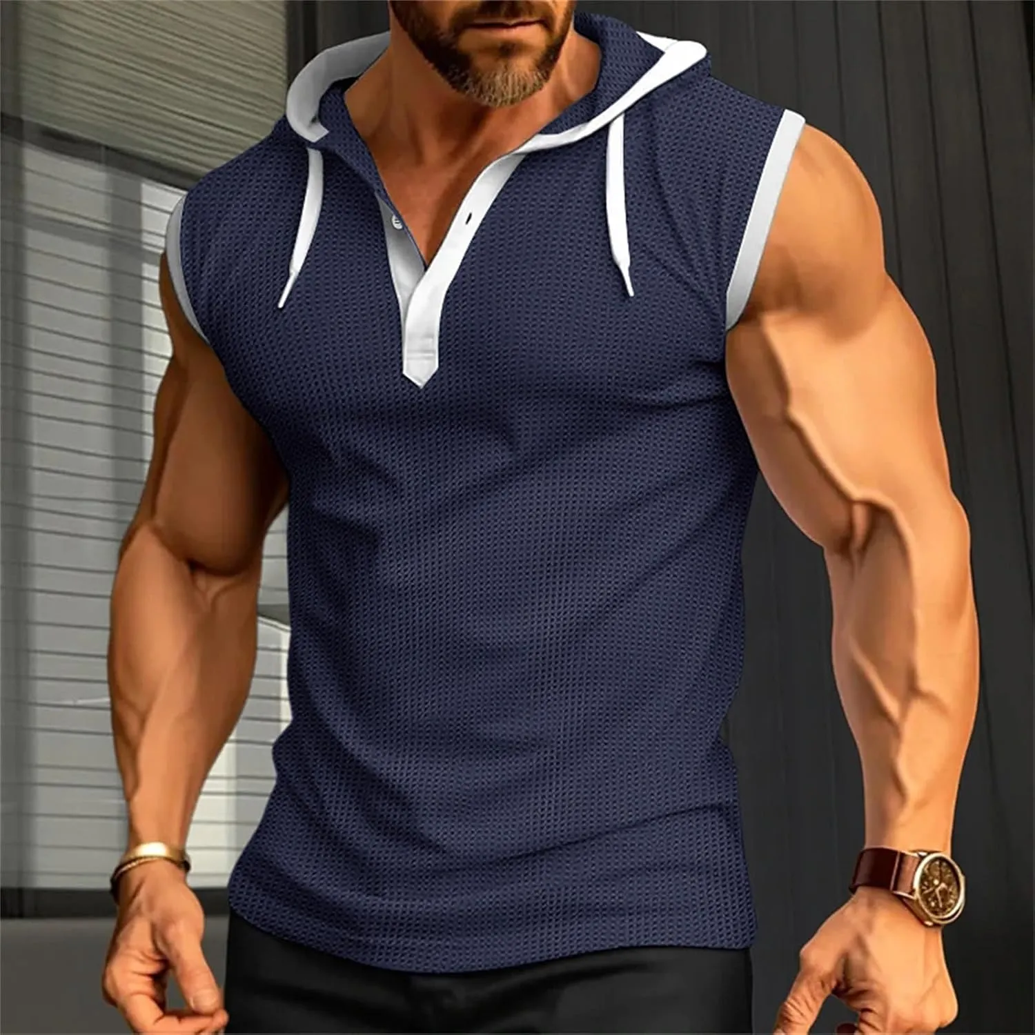 Men's Compression Shirts Trendy V Neck Hooded Pullover Tops Sleeveless Slim Fit Sweatshirt Bodybuilding Gym Tee Solid