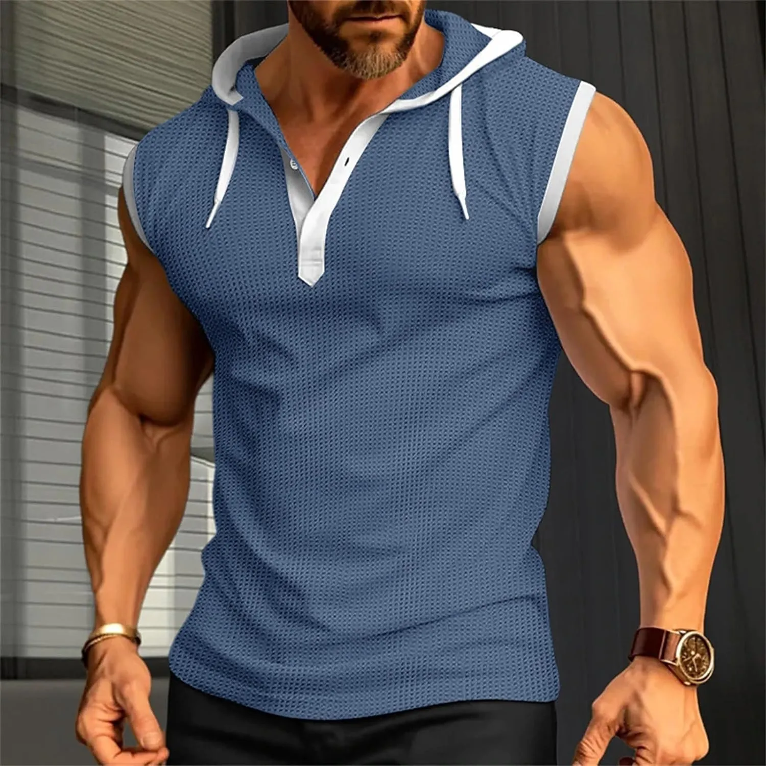 Men's Compression Shirts Trendy V Neck Hooded Pullover Tops Sleeveless Slim Fit Sweatshirt Bodybuilding Gym Tee Solid