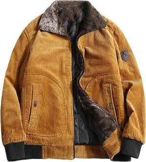 Men's Corduroy Sherpa Lined Trucker Jacket 2024 Thickened Warm Fall Winter Coats Long Sleeve Fur Collar Casual Coats