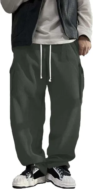 Mens Corduroy Vintage Cargo Sweatpants Long Solid Elastic Waist Casual Pants Hip Hop Harem Pants Fashion Corduroy