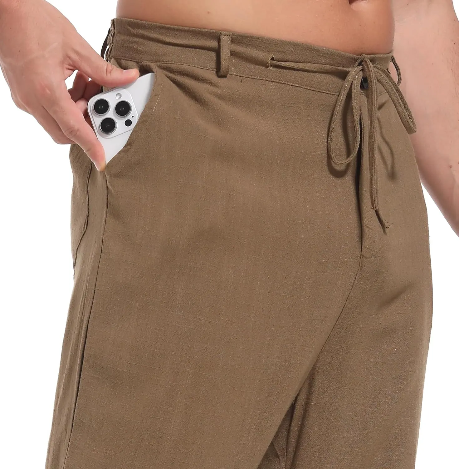 Mens Drawstring Linen Pants Casual Elastic Waist Straight Loose Trousers