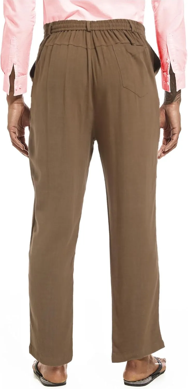 Mens Drawstring Linen Pants Casual Elastic Waist Straight Loose Trousers