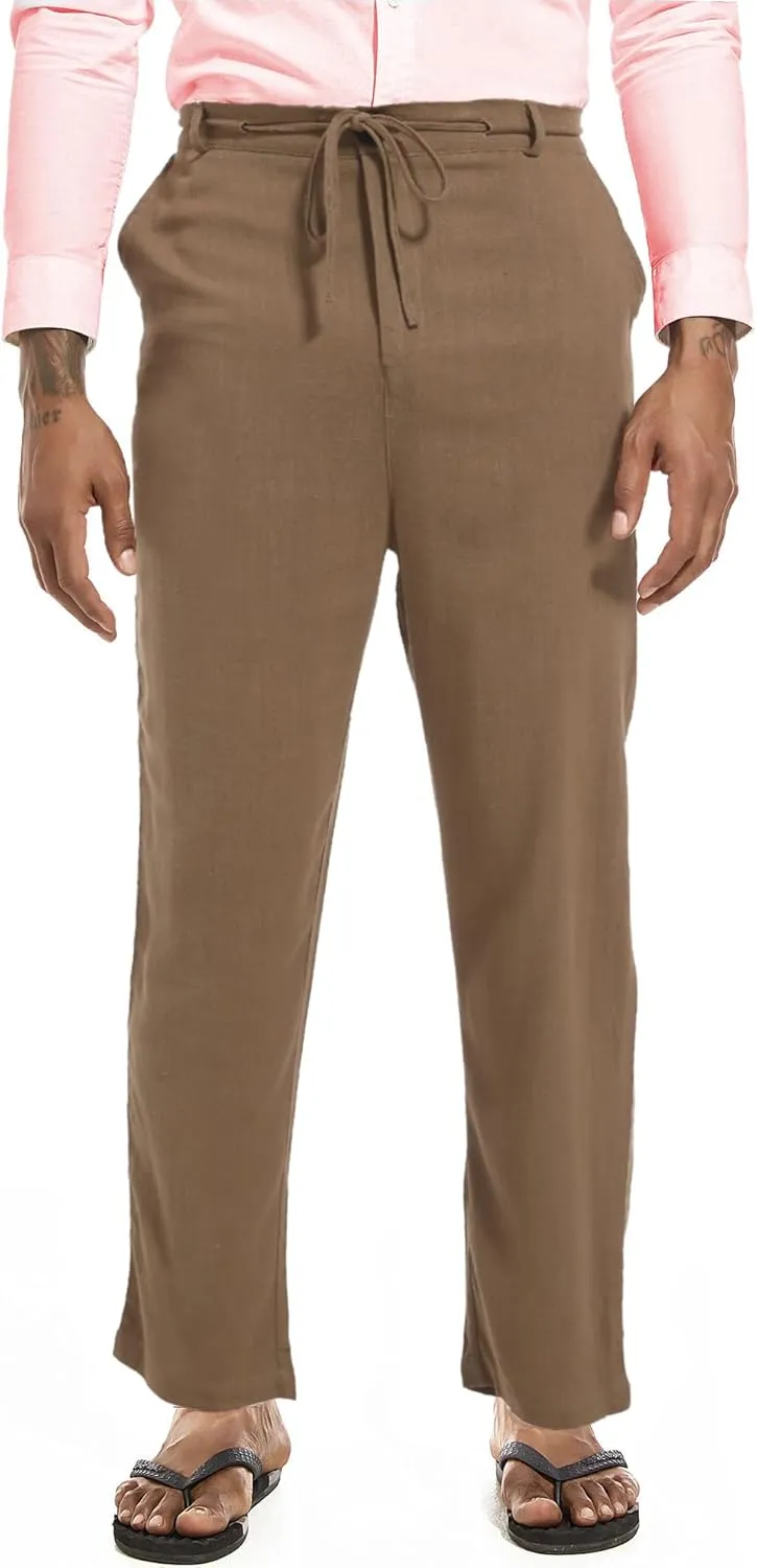 Mens Drawstring Linen Pants Casual Elastic Waist Straight Loose Trousers