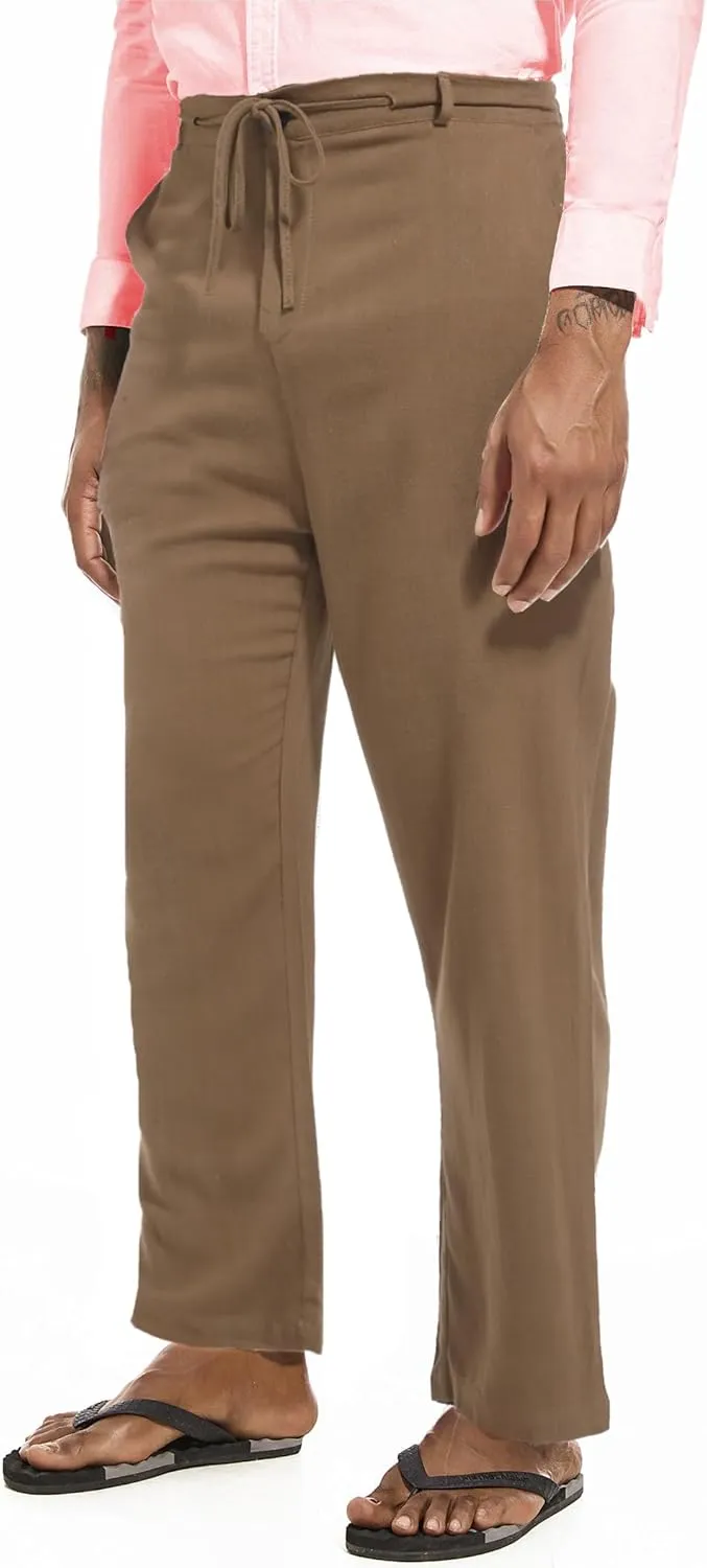 Mens Drawstring Linen Pants Casual Elastic Waist Straight Loose Trousers