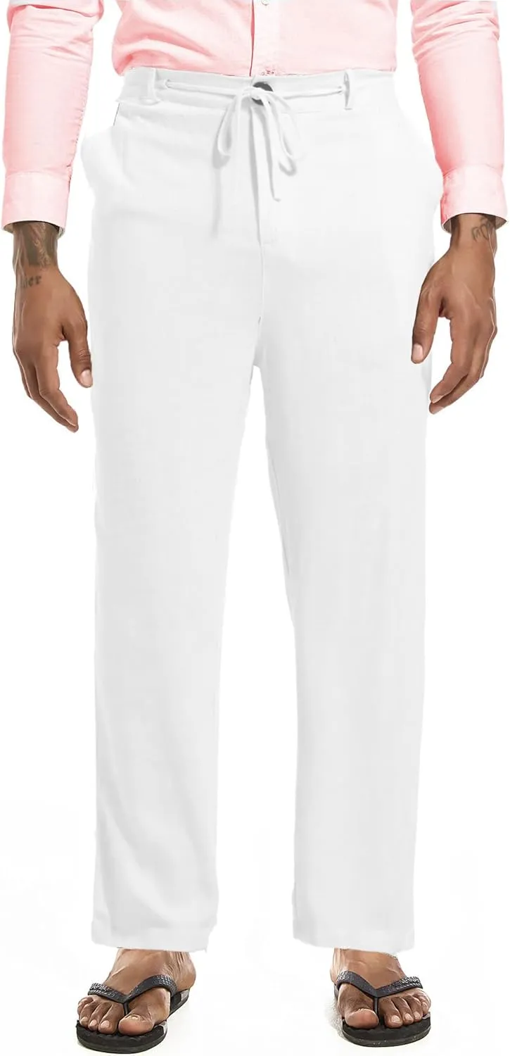 Mens Drawstring Linen Pants Casual Elastic Waist Straight Loose Trousers