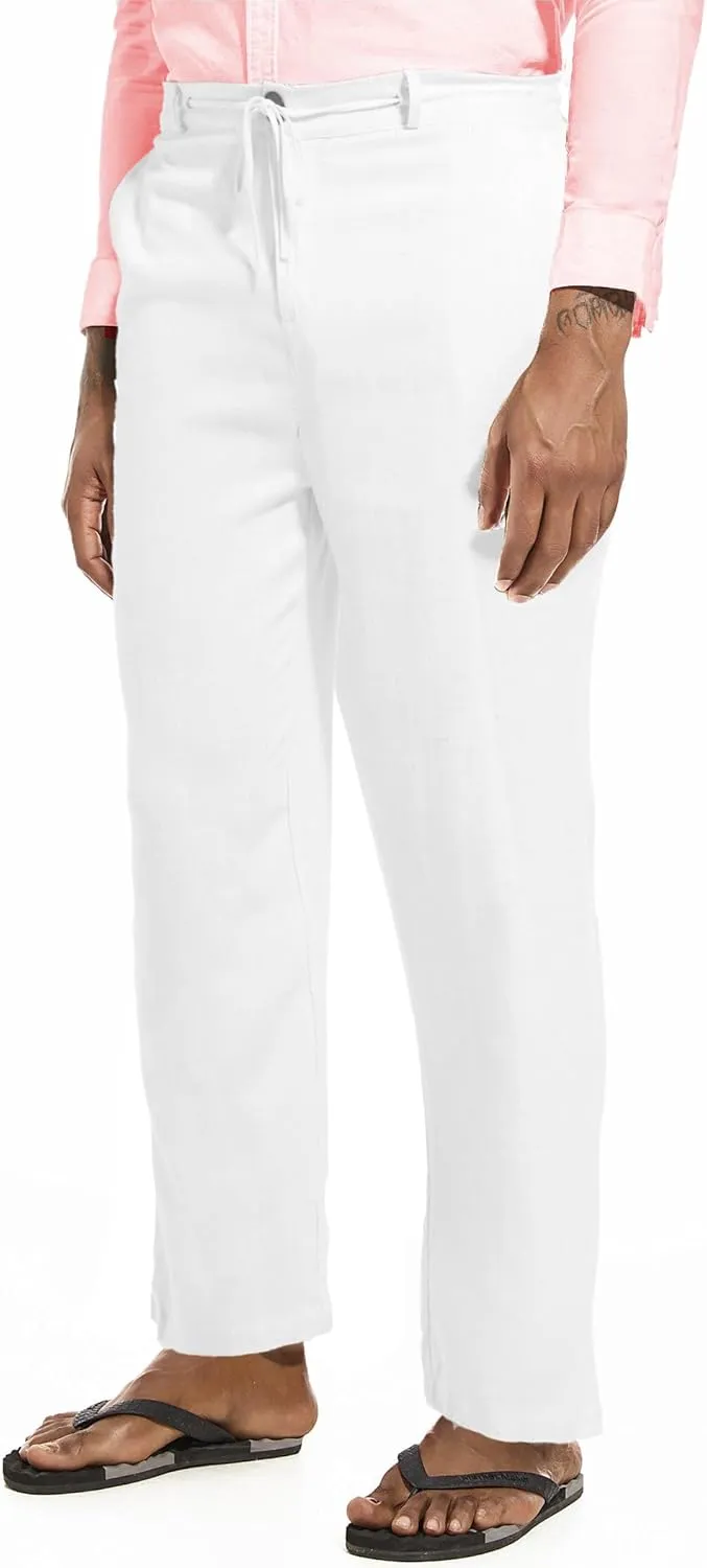 Mens Drawstring Linen Pants Casual Elastic Waist Straight Loose Trousers