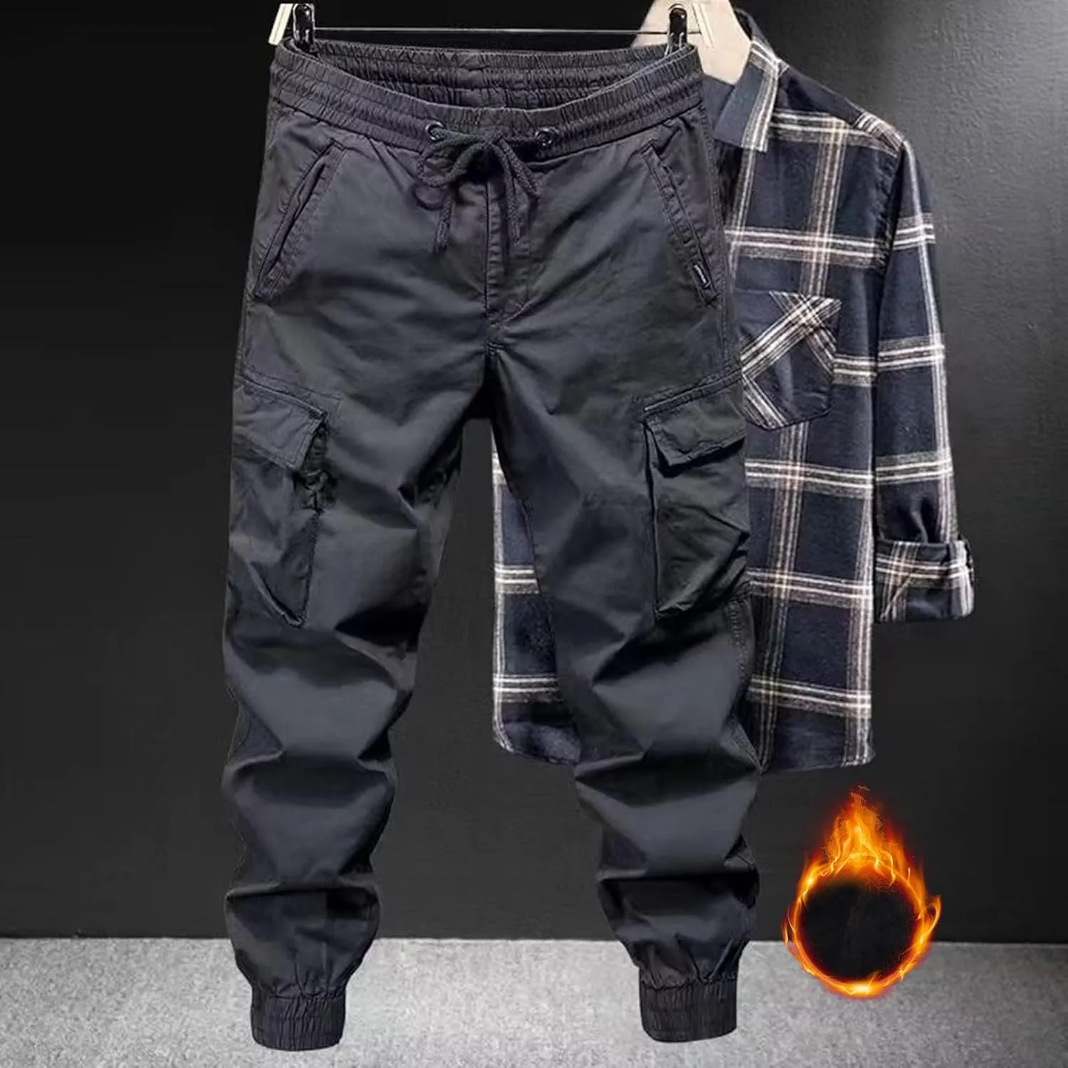 Men's Elastic Fleece Cargo Pants with Multi-Pockets Stretch Cargo Pants Slim Fit Pockets Elastic Waistband Long Pants