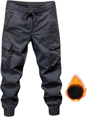Men's Elastic Fleece Cargo Pants with Multi-Pockets Stretch Cargo Pants Slim Fit Pockets Elastic Waistband Long Pants