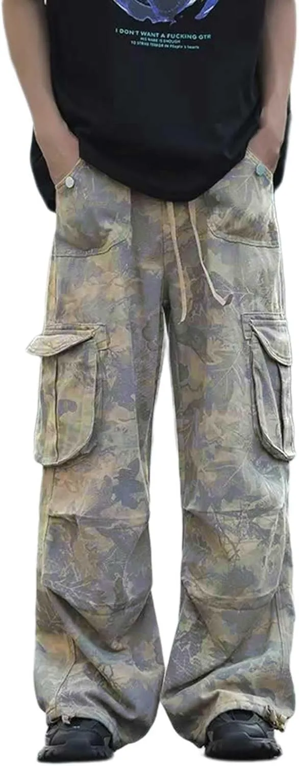 Mens Elastic Waist Camo Cargo Pants Multi Pocket Cargo Outdoor Hiking Jogger Work Pants for Men