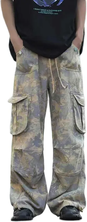Mens Elastic Waist Camo Cargo Pants Multi Pocket Cargo Outdoor Hiking Jogger Work Pants for Men