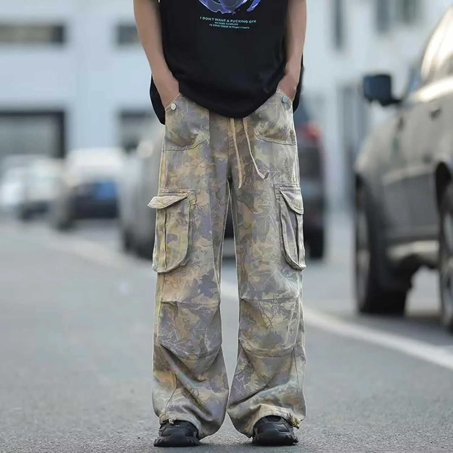 Mens Elastic Waist Camo Cargo Pants Multi Pocket Cargo Outdoor Hiking Jogger Work Pants for Men