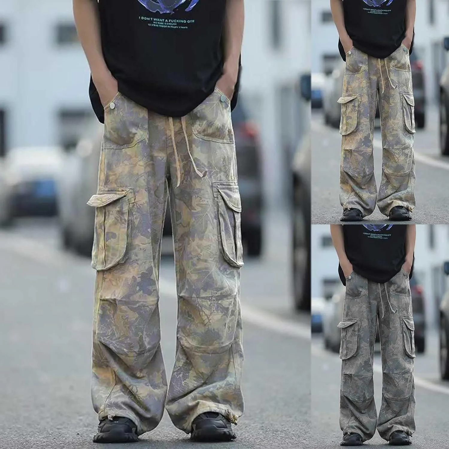 Mens Elastic Waist Camo Cargo Pants Multi Pocket Cargo Outdoor Hiking Jogger Work Pants for Men