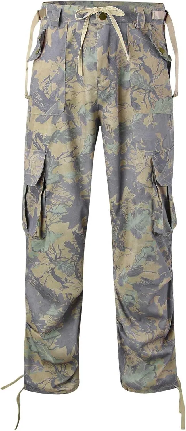 Mens Elastic Waist Camo Cargo Pants Multi Pocket Cargo Outdoor Hiking Jogger Work Pants for Men