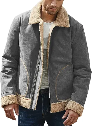Mens Faux Leather Lamb Wool Bomber Coat Sherpa Fleece Lined Jackets Heavyweight Suede Faux Fur Trench Coat with Pockets