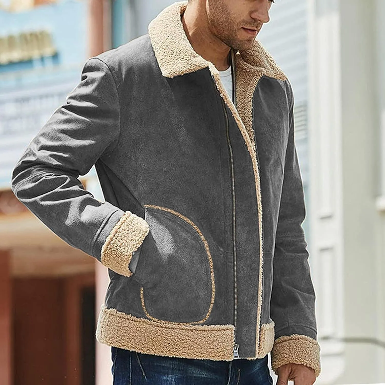 Mens Faux Leather Lamb Wool Bomber Coat Sherpa Fleece Lined Jackets Heavyweight Suede Faux Fur Trench Coat with Pockets