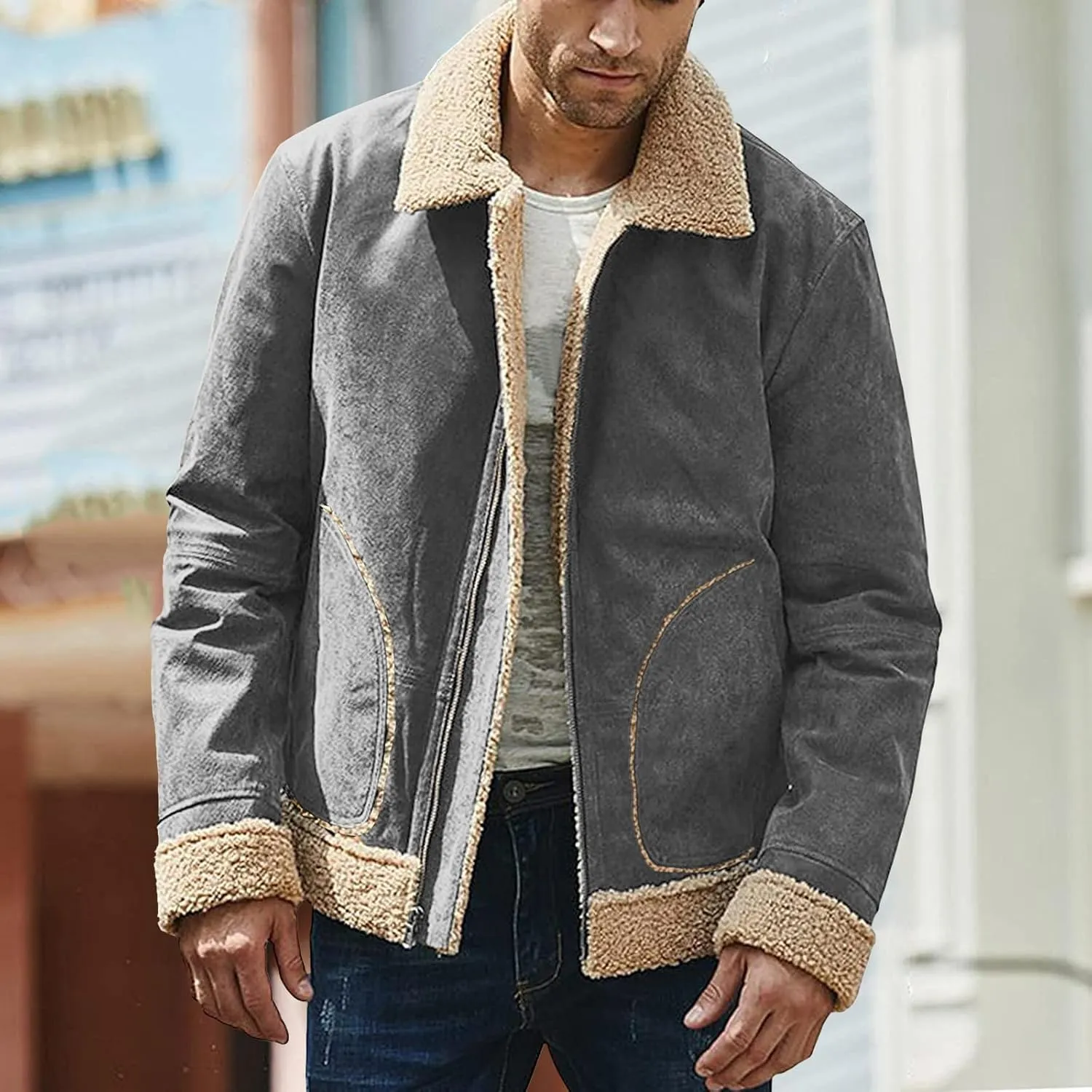 Mens Faux Leather Lamb Wool Bomber Coat Sherpa Fleece Lined Jackets Heavyweight Suede Faux Fur Trench Coat with Pockets