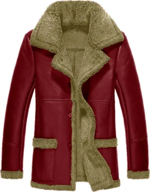 Mens Faux Leather Shearling Jacket Sherpa Lined Mid Lenth Coat Stand Collar Thick Motorbike Button Up Trenchcoat Outdoor