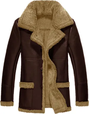 Mens Faux Leather Shearling Jacket Sherpa Lined Mid Lenth Coat Stand Collar Thick Motorbike Button Up Trenchcoat Outdoor