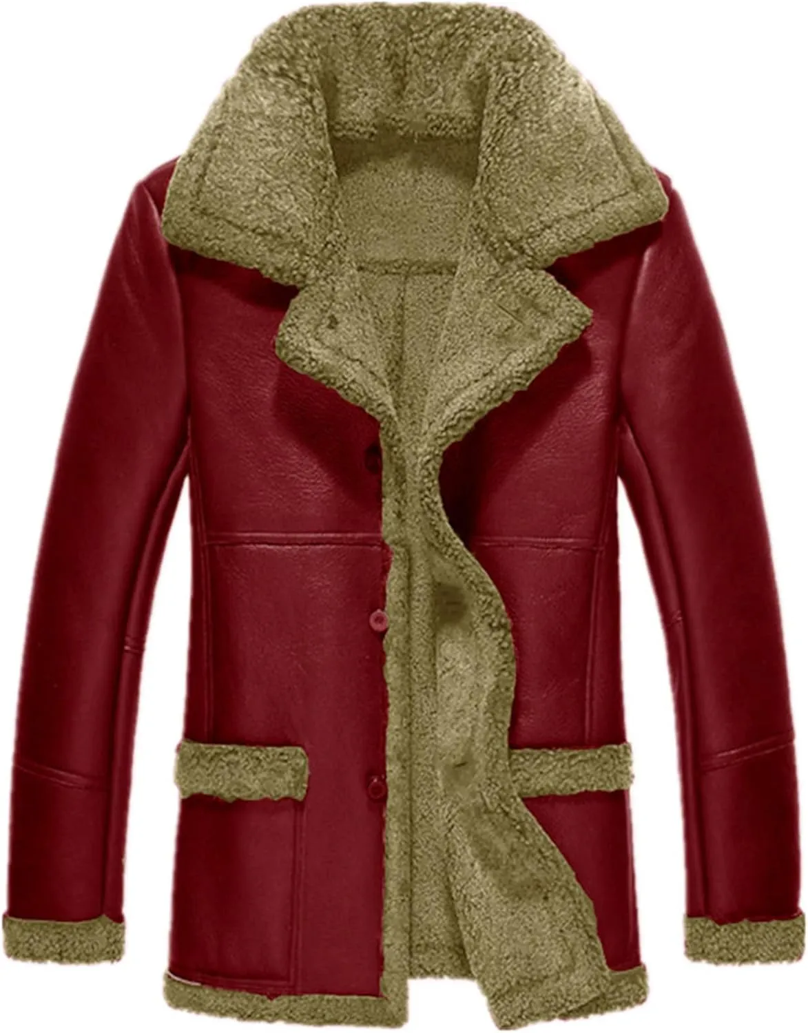 Mens Faux Leather Shearling Jacket Sherpa Lined Mid Lenth Coat Stand Collar Thick Motorbike Button Up Trenchcoat Outdoor