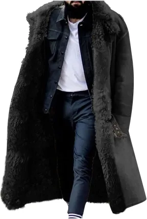Mens Faux Suede Sherpa Fleece Lined Trench Overcoat Warm Lapel Collar Long Parke Jacket with Pockets Winter