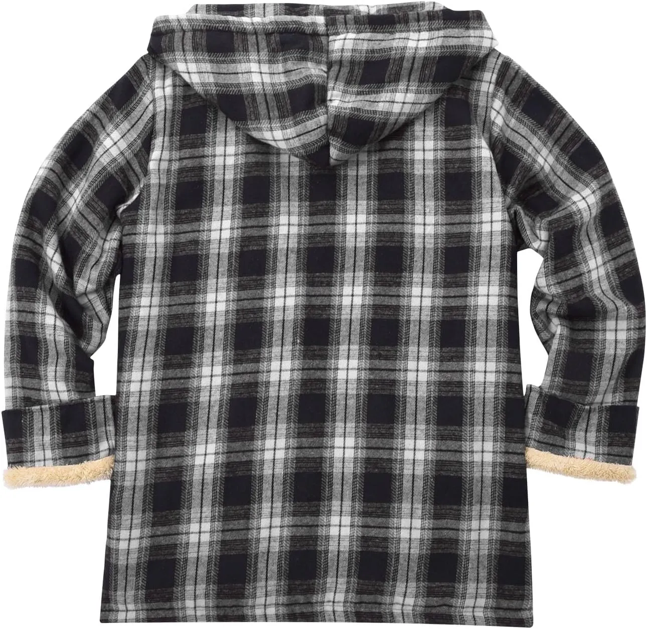 Mens Flannel Gridded Hooded Sweatshirt Jacket Thickened Warm Coat Long Sleeve Fleece Lined Overcoat with Pockets