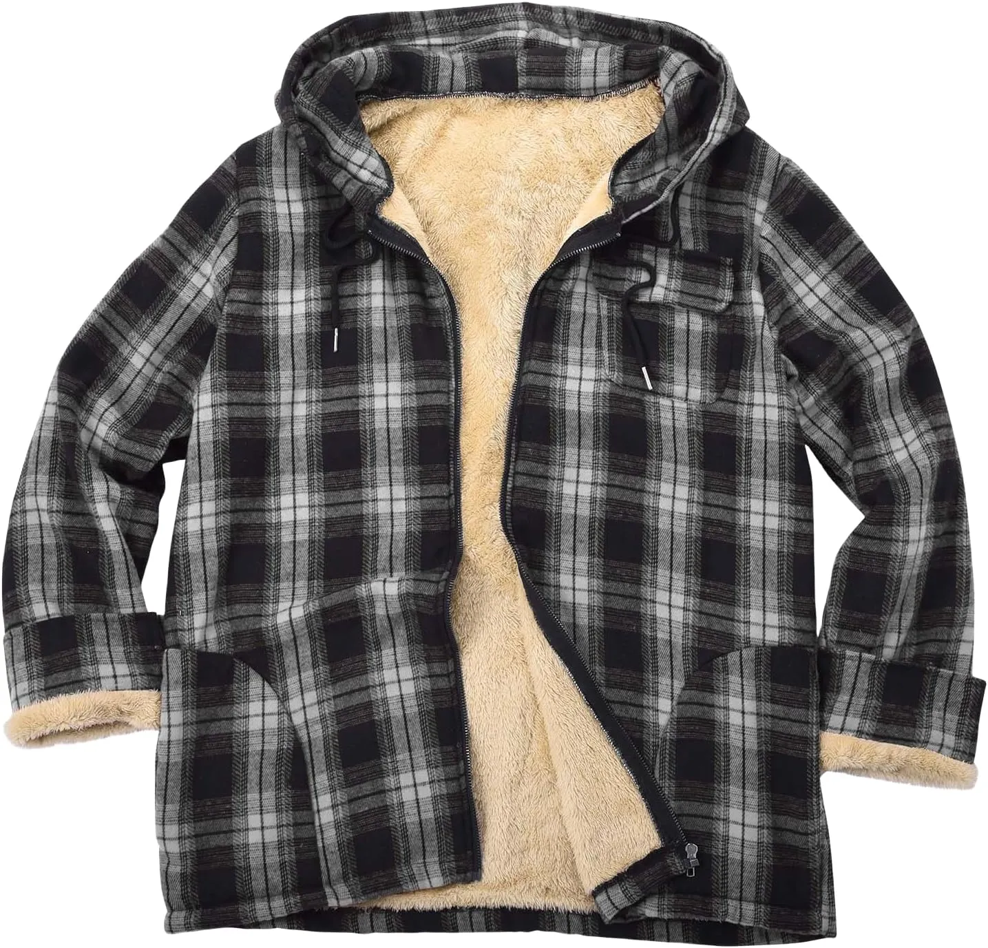 Mens Flannel Gridded Hooded Sweatshirt Jacket Thickened Warm Coat Long Sleeve Fleece Lined Overcoat with Pockets