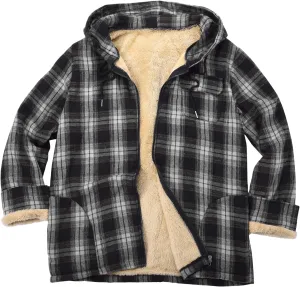 Mens Flannel Gridded Hooded Sweatshirt Jacket Thickened Warm Coat Long Sleeve Fleece Lined Overcoat with Pockets