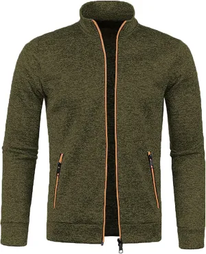 Men's Fleece Full Zip Jacket Slim Fit Lightweight Stand Collar Jackets Patterned Soft Warm Casual Coats with Pockets