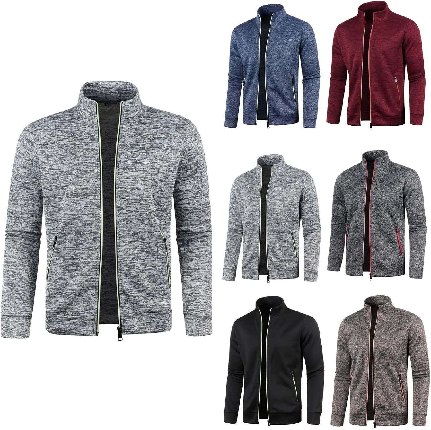 Men's Fleece Full Zip Jacket Slim Fit Lightweight Stand Collar Jackets Patterned Soft Warm Casual Coats with Pockets