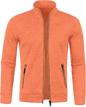 Men's Fleece Full Zip Jacket Slim Fit Lightweight Stand Collar Jackets Patterned Soft Warm Casual Coats with Pockets