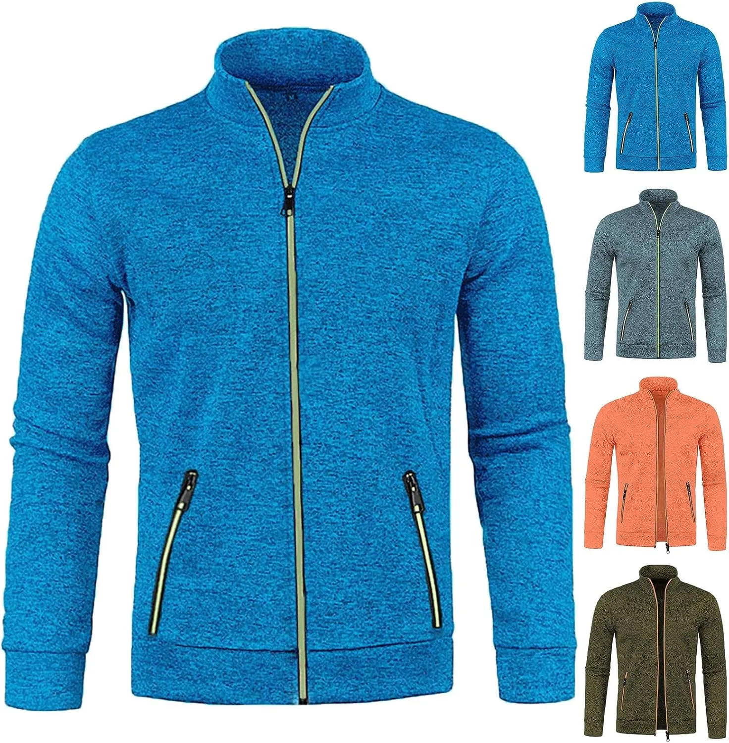 Men's Fleece Full Zip Jacket Slim Fit Lightweight Stand Collar Jackets Patterned Soft Warm Casual Coats with Pockets